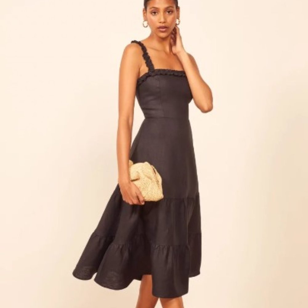 Reformation Hyla black linen midi dress, size 6, excellent condition
